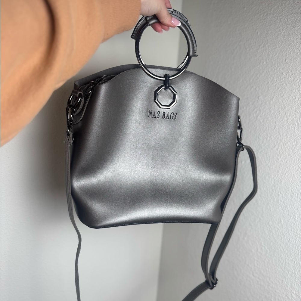 Vintage silver NAS bags Metallic Gray  cross body‎ Shoulder Bag purse leather